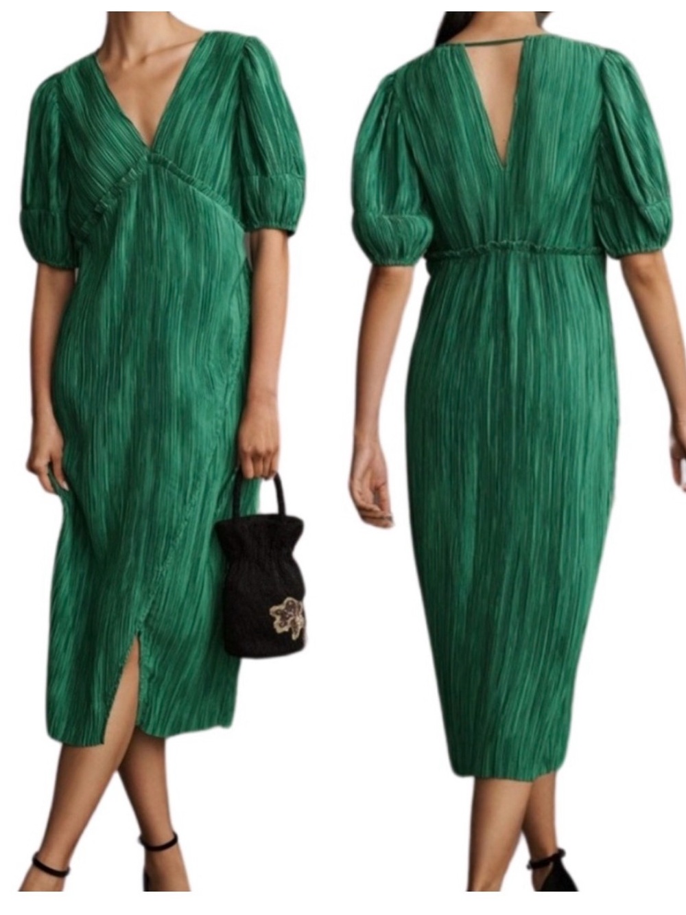 ANTHROPOLOGIE NWT Green V-Neck Pleated Midi Dress S